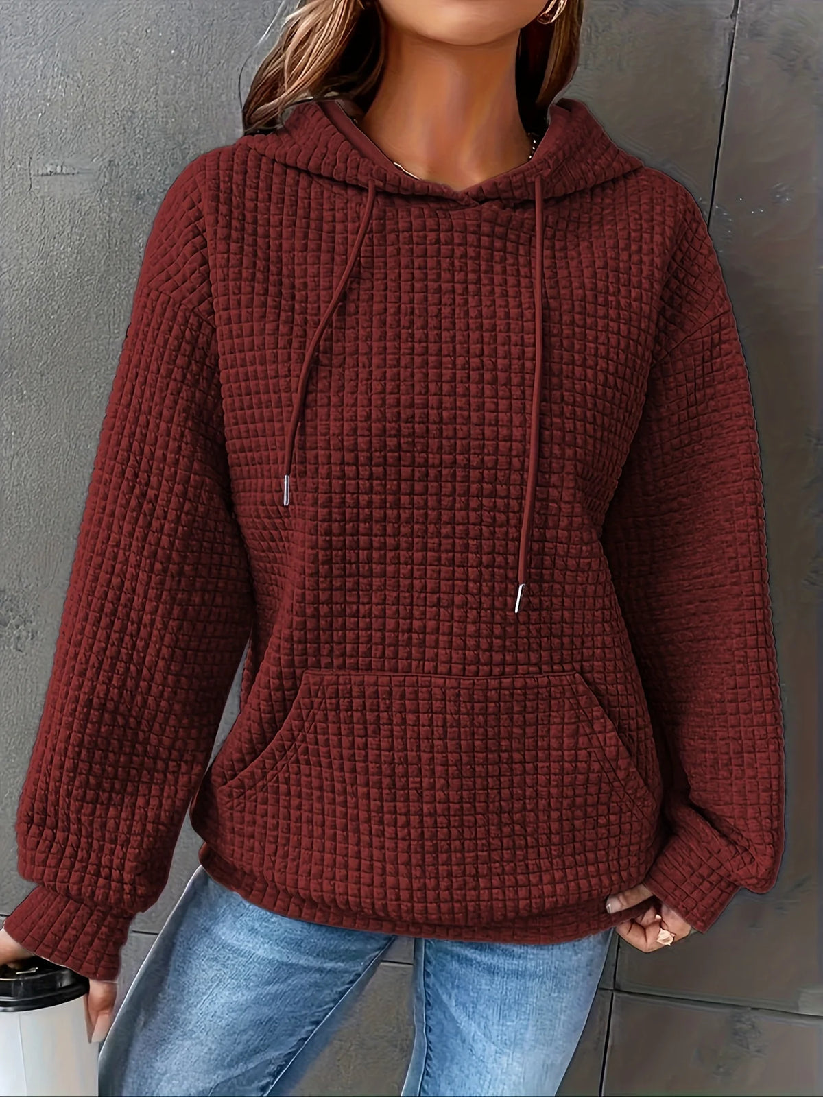 Women Waffle Knit Hoodie Pullover Sweatshirt With Kangaroo Pocket