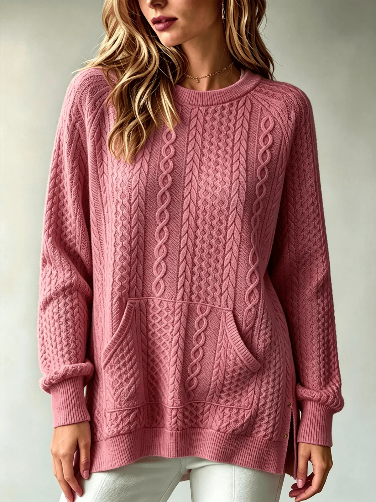 Women Cable Knit Sweater Kangaroo Pocket Long Sleeve Crew Neck