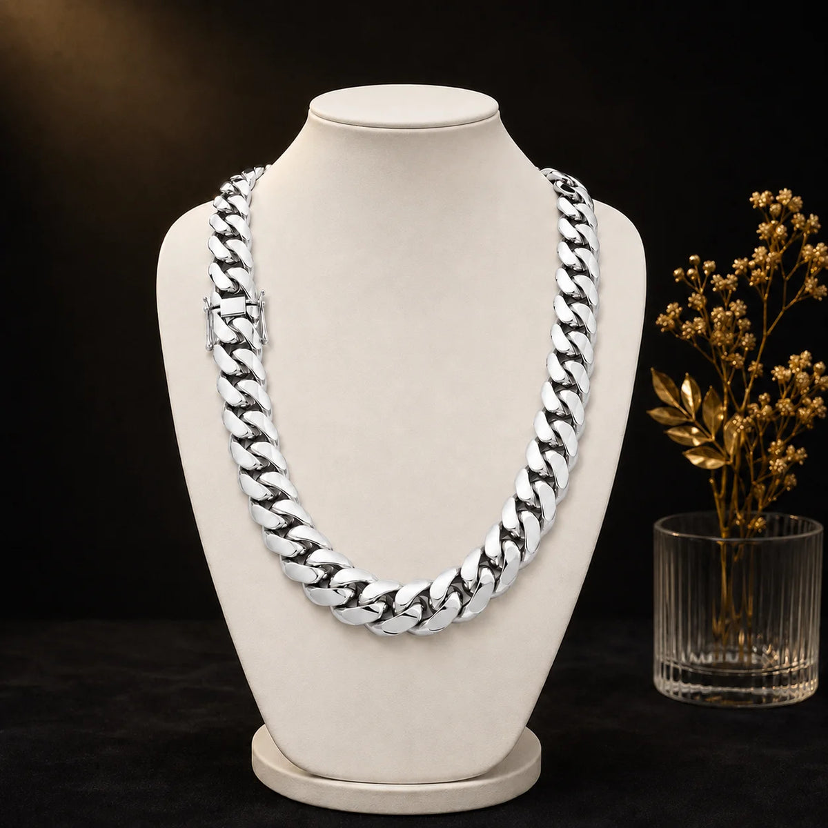 Polished Stainless Steel Miami Cuban Chain Necklace For Men