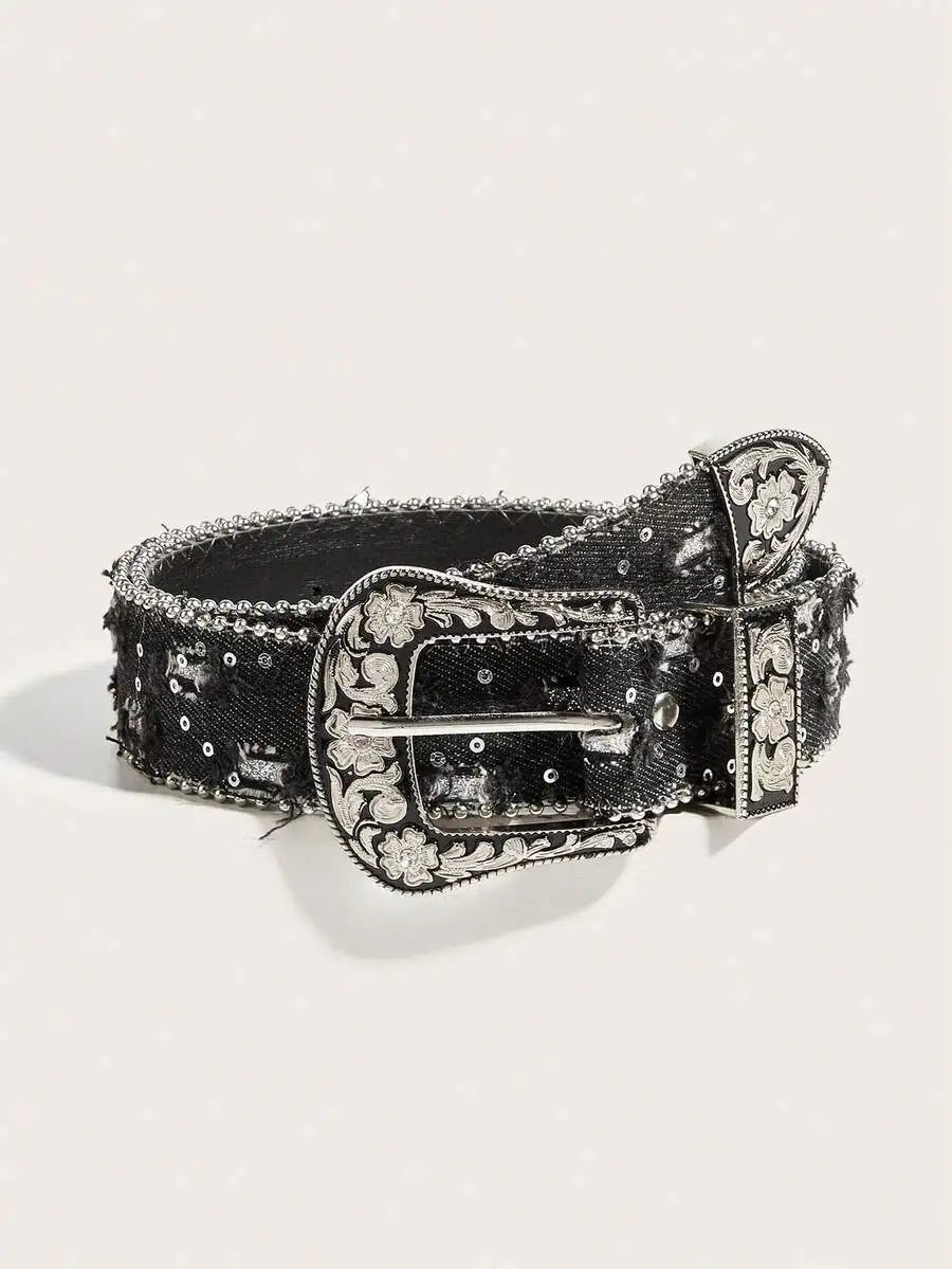 Women Y2K Punk Fashion Rhinestone Leopard PU Leather Belt