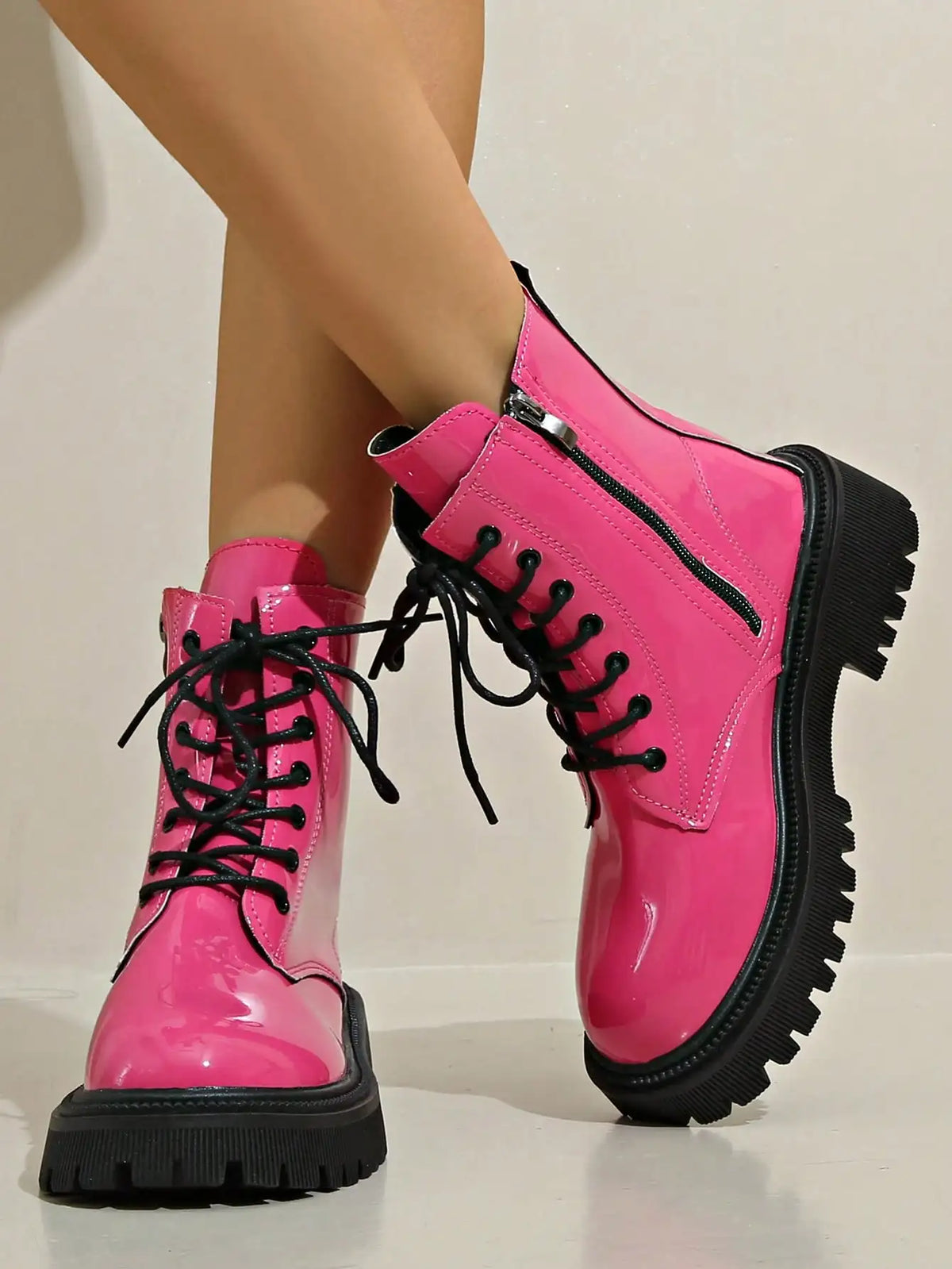 Women Leather Lace Up Platform Ankle Boots Thick Sole