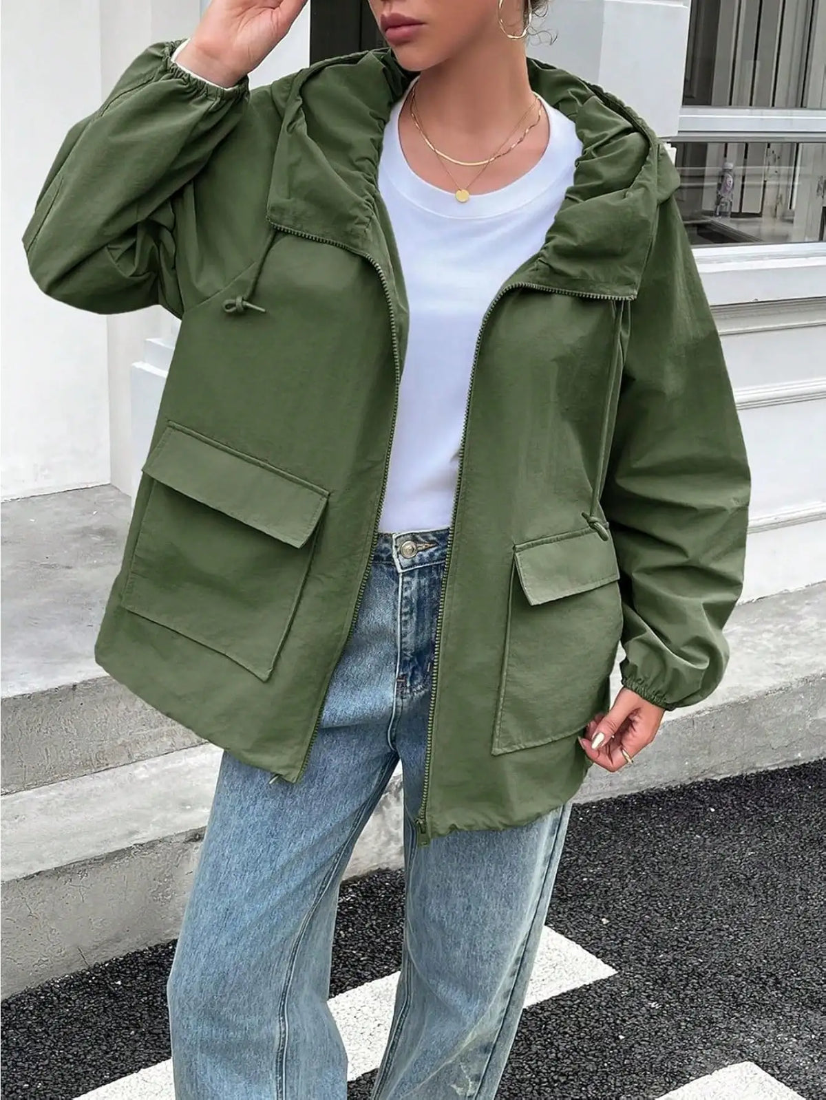Waterproof Womens Raincoat Lightweight Hooded Windbreaker With Pockets
