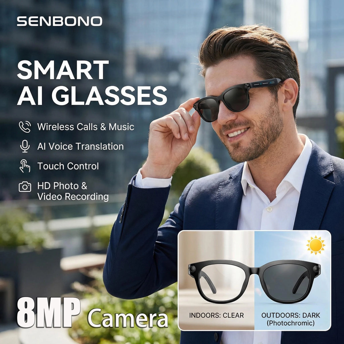 SENBONO AI Smart Glasses With Camera 4K Video AI Translation