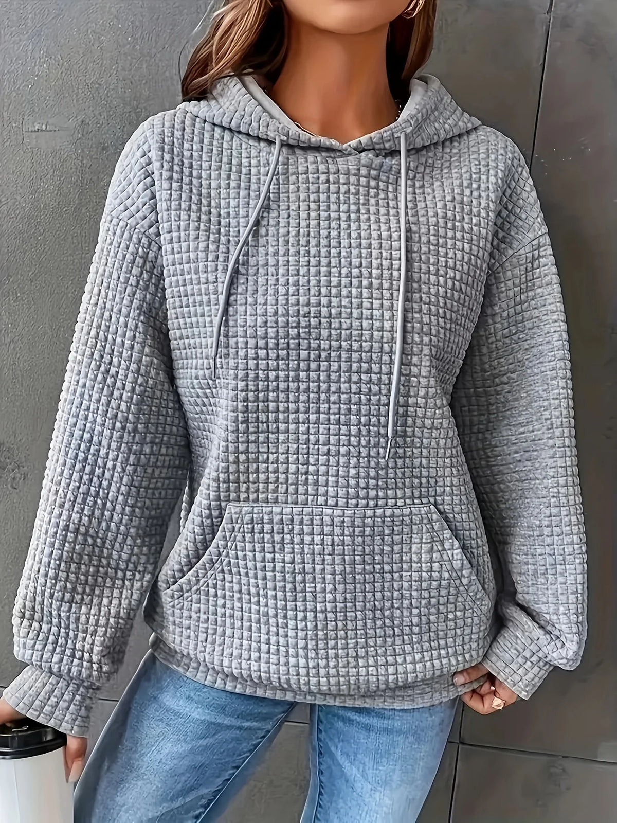 Women Waffle Knit Hoodie Pullover Sweatshirt With Kangaroo Pocket