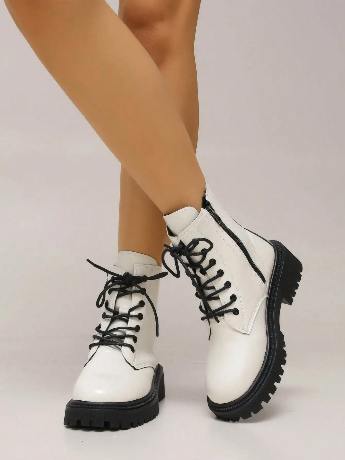 Women Leather Lace Up Platform Ankle Boots Thick Sole