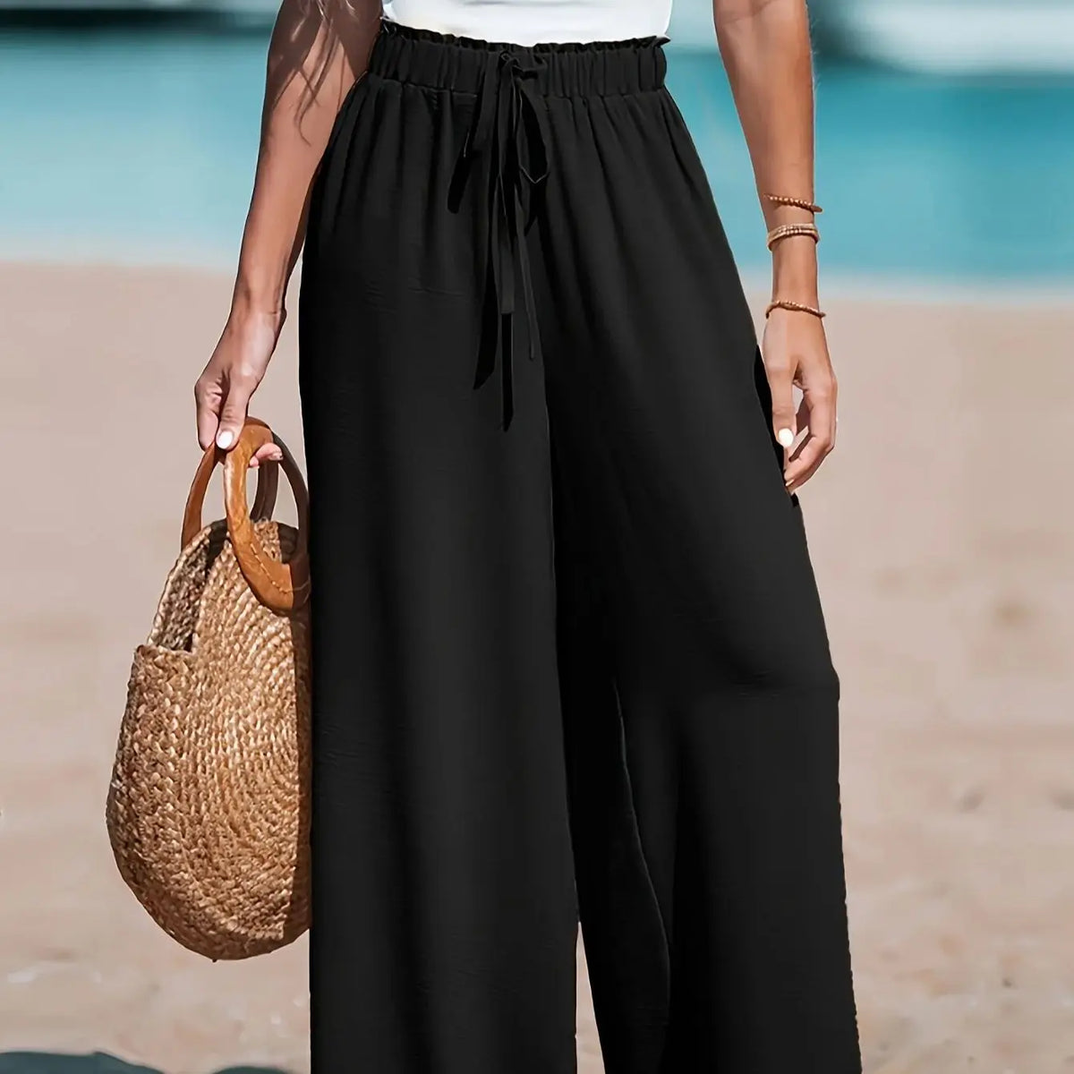 Womens Casual Wide Leg Pants With Elastic Waist Pockets