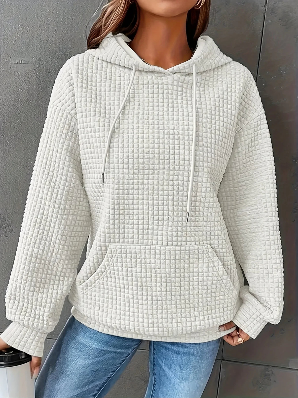 Women Waffle Knit Hoodie Pullover Sweatshirt With Kangaroo Pocket