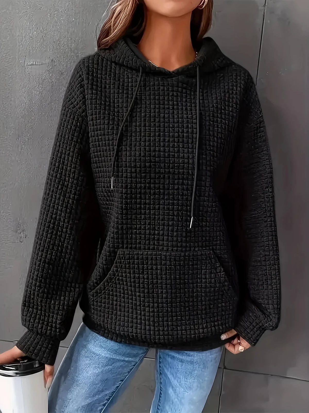 Women Waffle Knit Hoodie Pullover Sweatshirt With Kangaroo Pocket