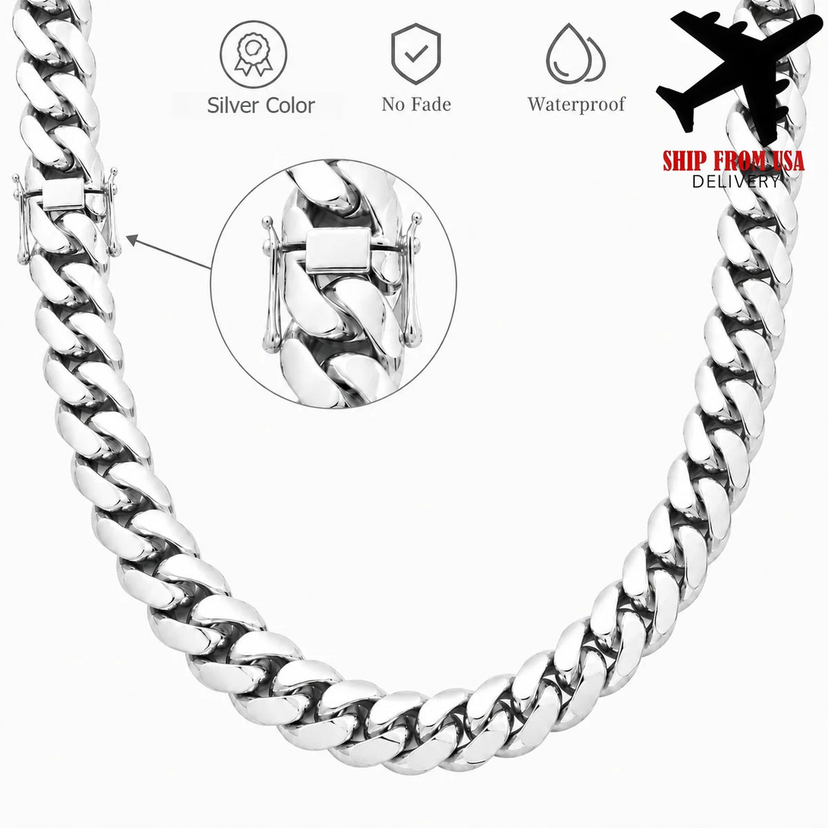Polished Stainless Steel Miami Cuban Chain Necklace For Men