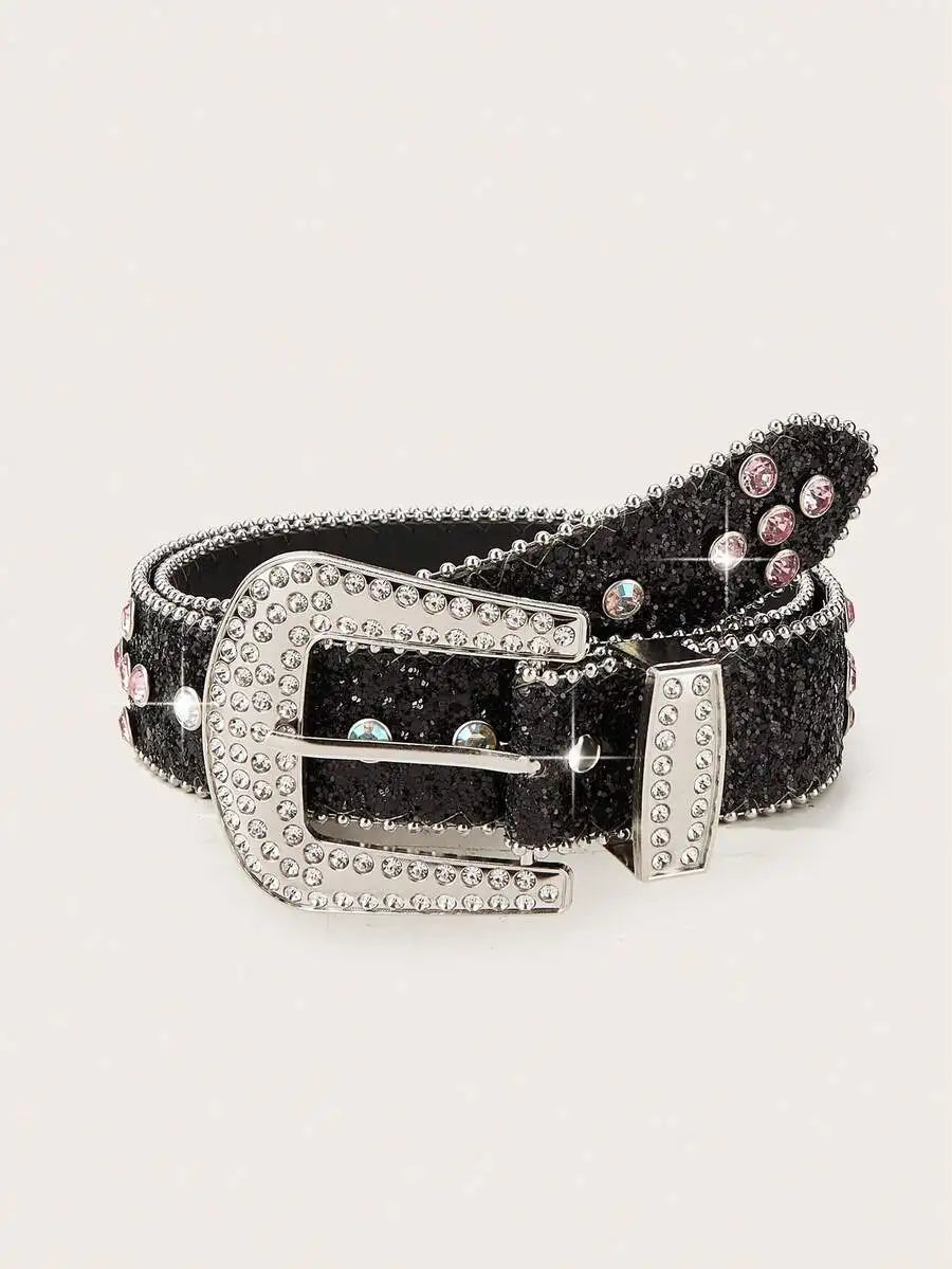 Women Y2K Punk Fashion Rhinestone Leopard PU Leather Belt