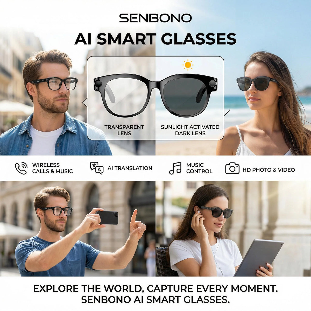 SENBONO AI Smart Glasses With Camera 4K Video AI Translation